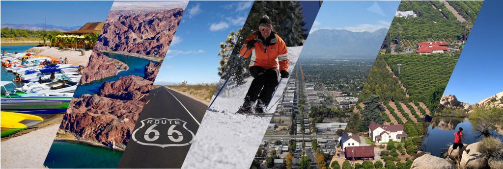 Series of images showing different aspects of the County: boats on a lake, river through a desert, historic Route 66, skier, aerial view of the valley region, agricultural plots, child leaping on rocks along a lake edge.